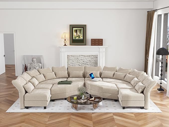 Oversized U Shaped Sectional Sofa 167" with Big Corner Ottoman, Chenille Modular Couches Sleeper Sofa with Storage and Adjustable Armrest for Living Room, Office, Entertainment, Khaki