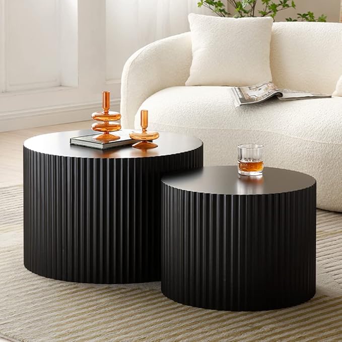 WILLIAMSPACE Black Round Coffee Table Set of 2, Nesting Coffee Tables for Living Room, Modern Wooden Side Tables Accent End Table for Apartment, No Need Assembly (Black-Round)
