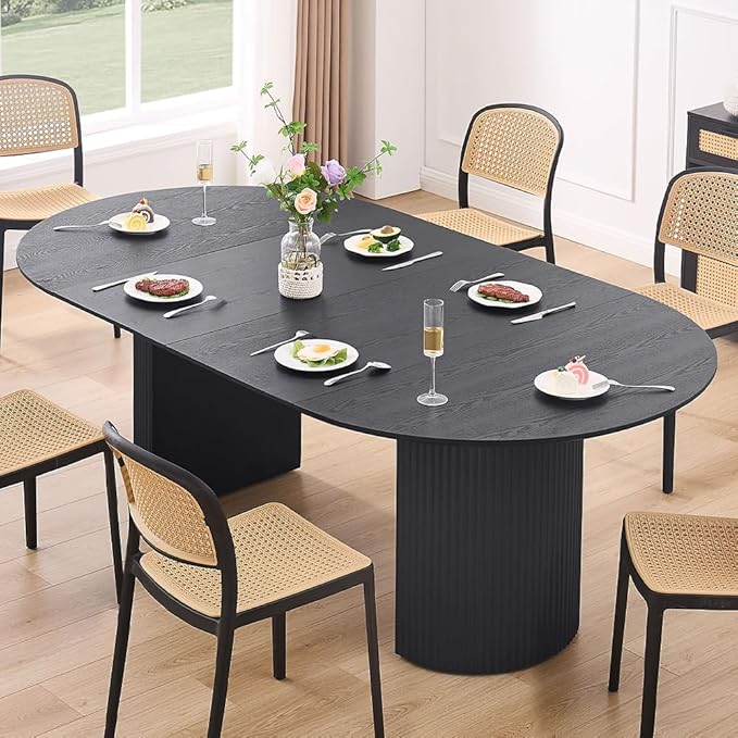 Wood Extendable Dining Table for 6 to 8, Modern Oval Kitchen Table with Wooden Pedestal Base, Mid Century Large Round Dining Room Table Furniture, Easy to Assemble, Black